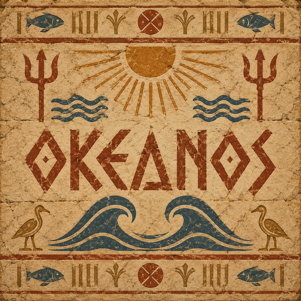 Okeanos emblem — a trident over carved waves in ancient mural style