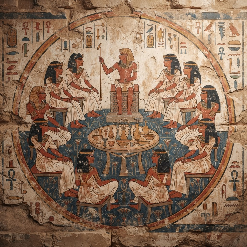 Ancient mural of a council seated in a circle