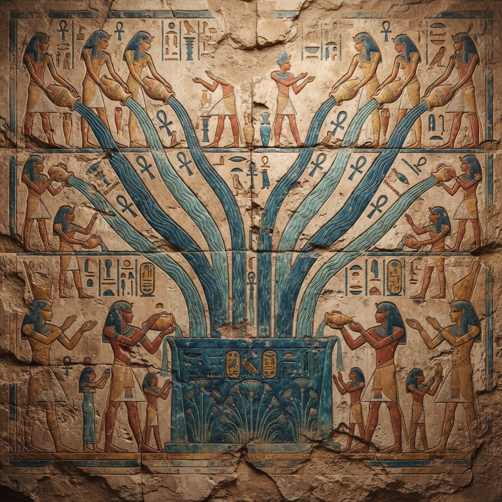 Ancient mural of water streams flowing into a central basin