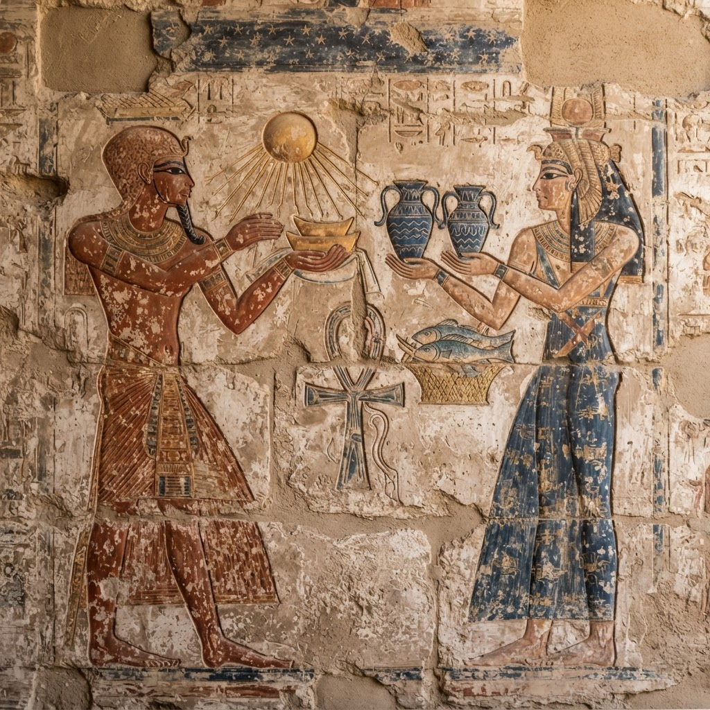 Ancient mural of two figures exchanging symbolic assets