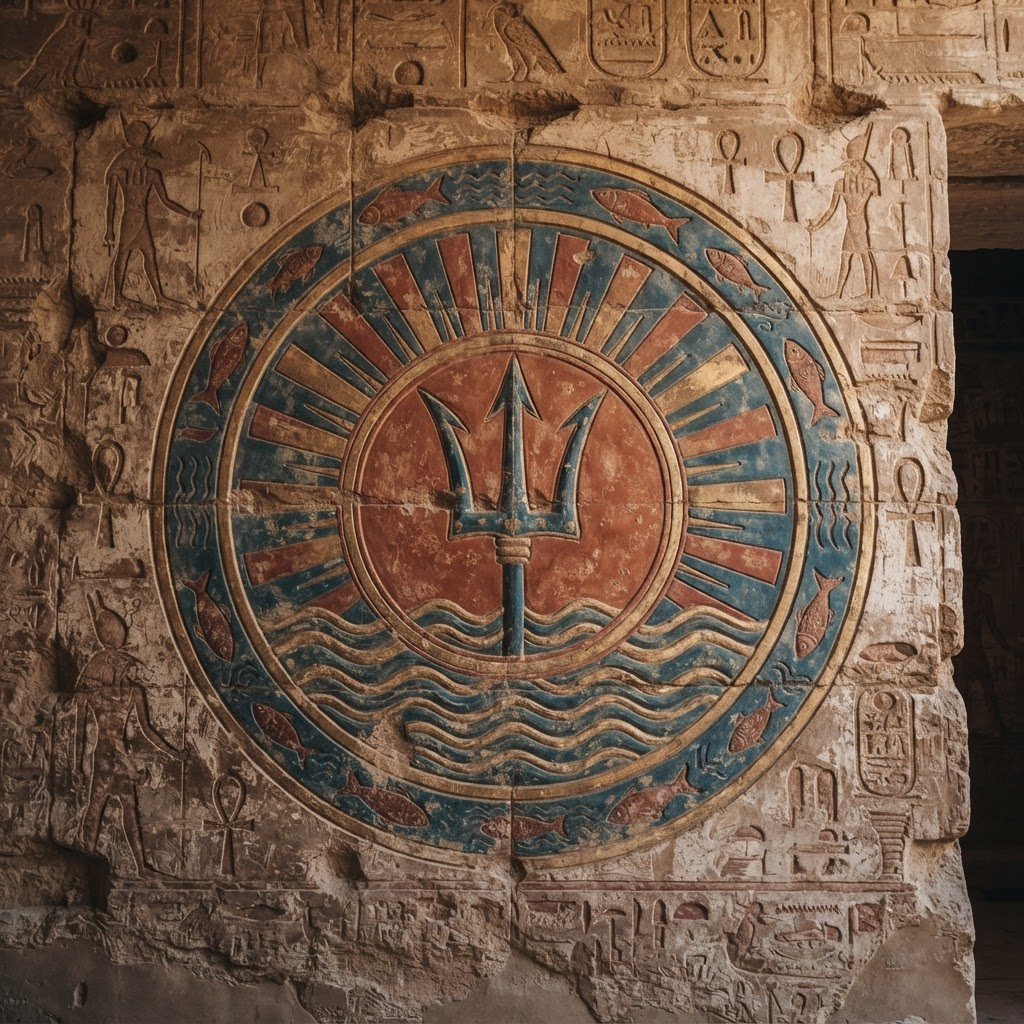 Monumental carved emblem of the Okeanos token — a trident over waves